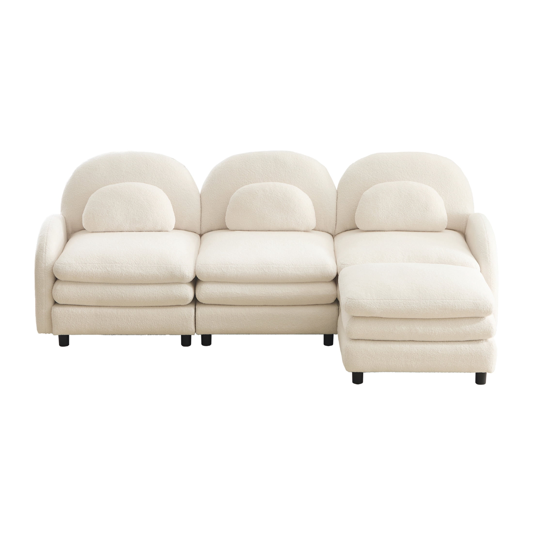Noble House Windsor Teddy Fabric 3-Seater Sectional Sofa, Modular Cloud Couch with Ottoman and Lumbar Pillows, Beige