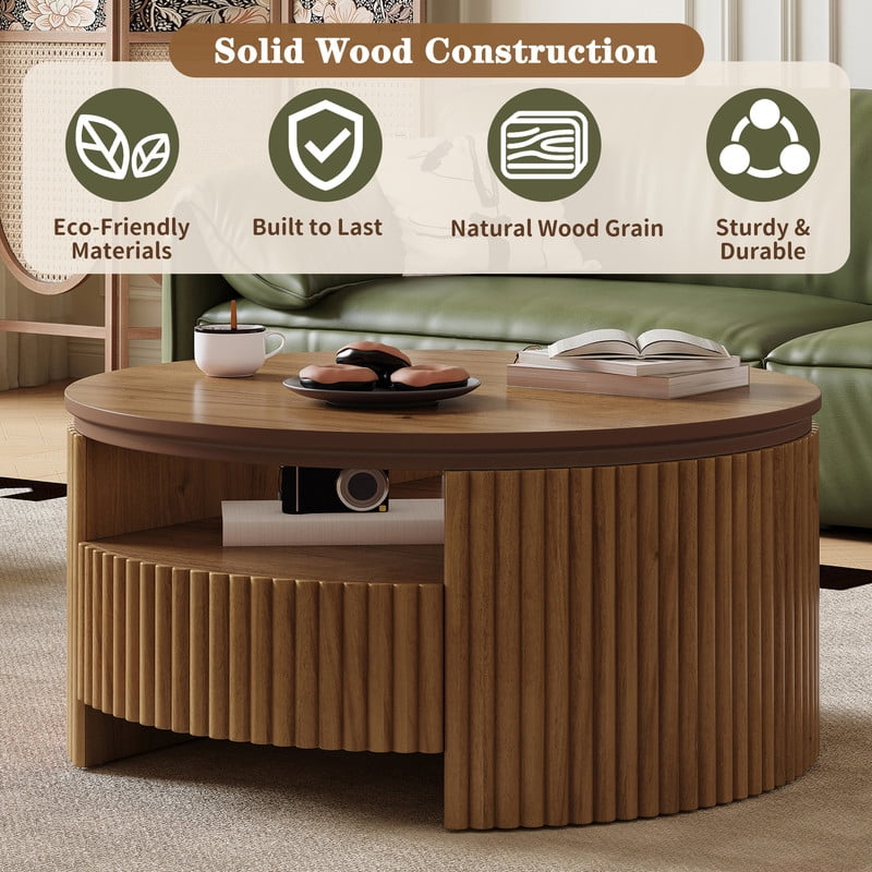 30.3'' Round Fluted Coffee Table with Dual Hidden Storage Drawers, 2-Tier Design Center Cocktail Table with Open Shelf