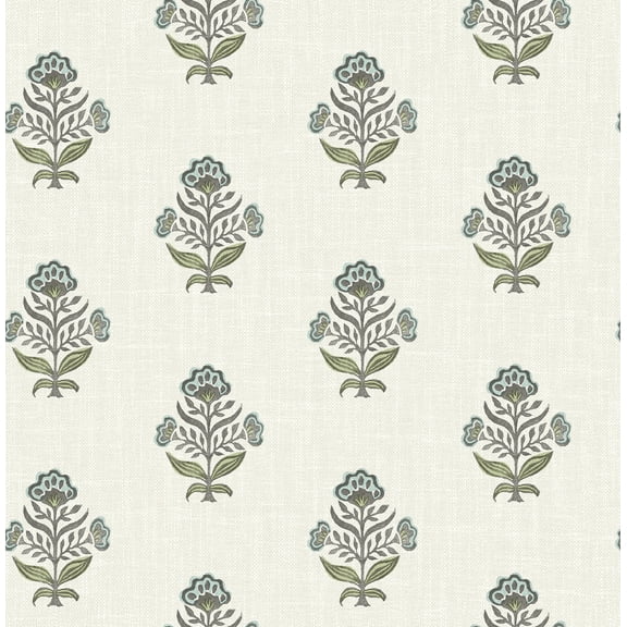 Chesapeake Hollyhock Aqua Floral Crest Wallpaper