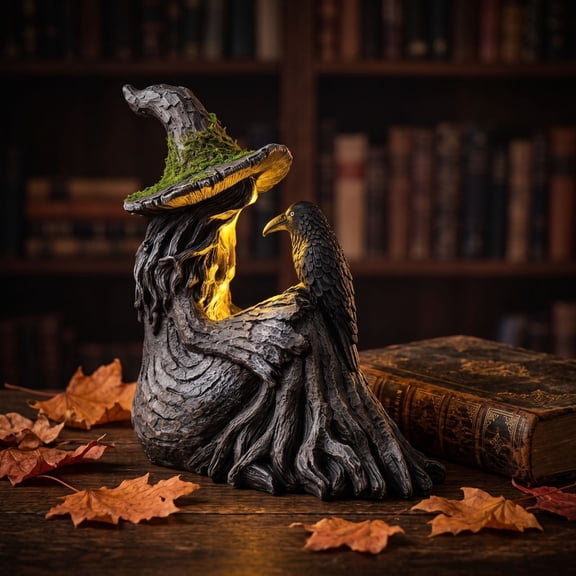 Halloween Mossy Tree Witch with Crow Light Up Figurine,LED Glowing Resin Witch Statue,Gothic Spooky Tabletop Decor for Fall,Halloween Party,5.9x7.08in