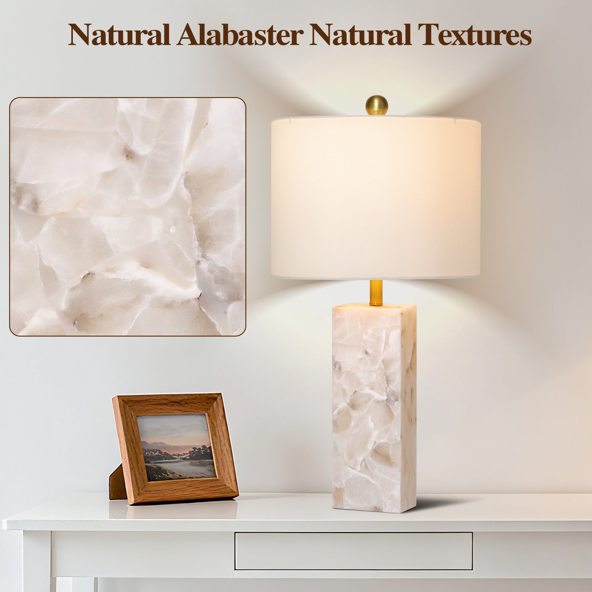 26.5in Alabaster Lamp, Marble Lamp Nightstand Lamp Bedside Desk Lamp with White Linen Lampshade for Bedroom Living Room Office