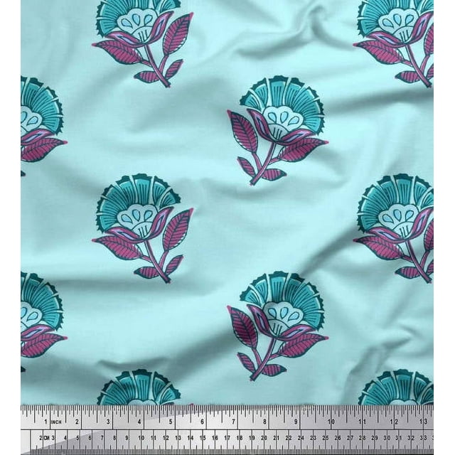 Soimoi Polyester Crepe Fabric Leaves & Floral Block Decor Fabric Printed Yard 42 Inch Wide