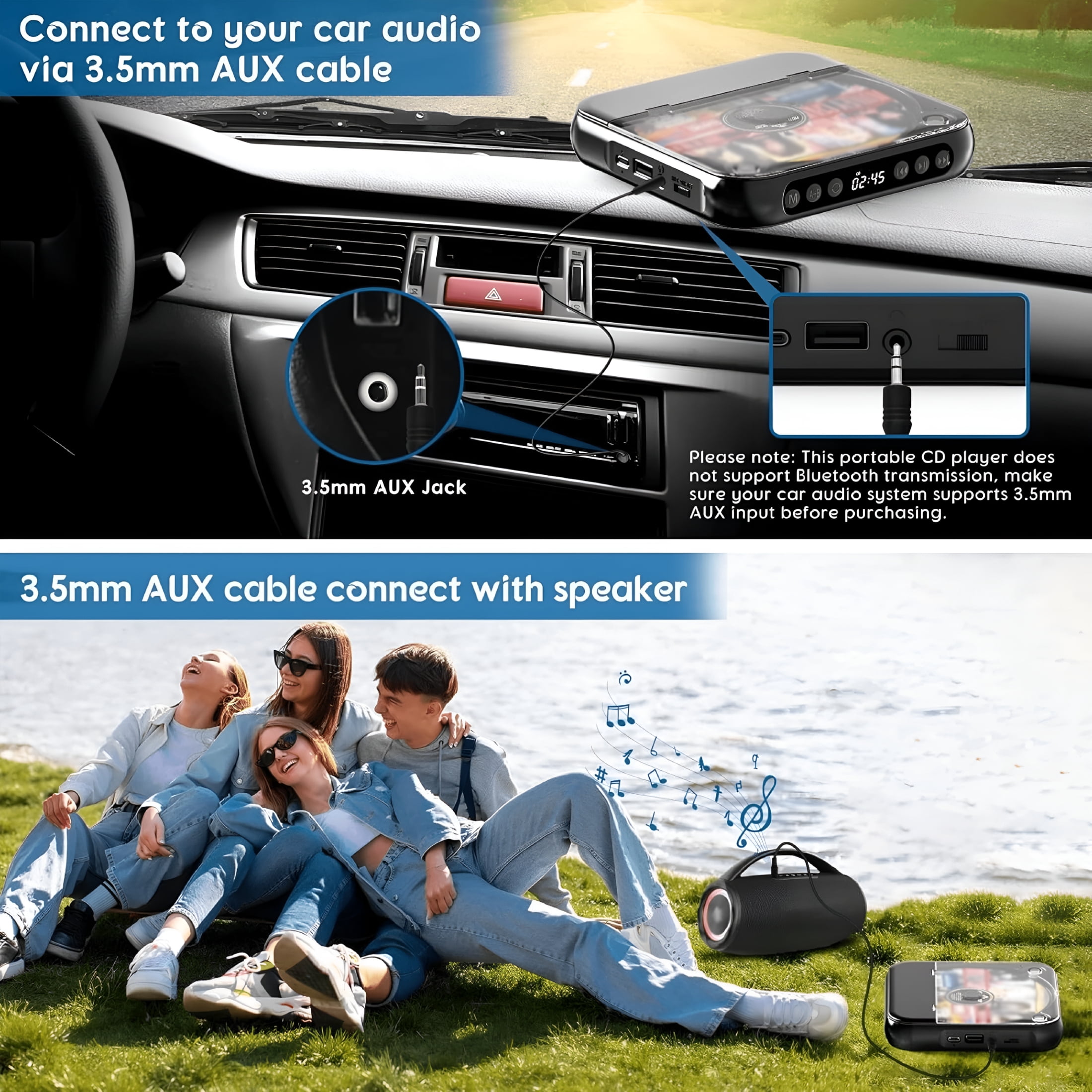 GJX Portable Bluetooth Lcd Screen Display Cd Player, Plays Mp3 Cd-R/Rw for Car Travel, Black