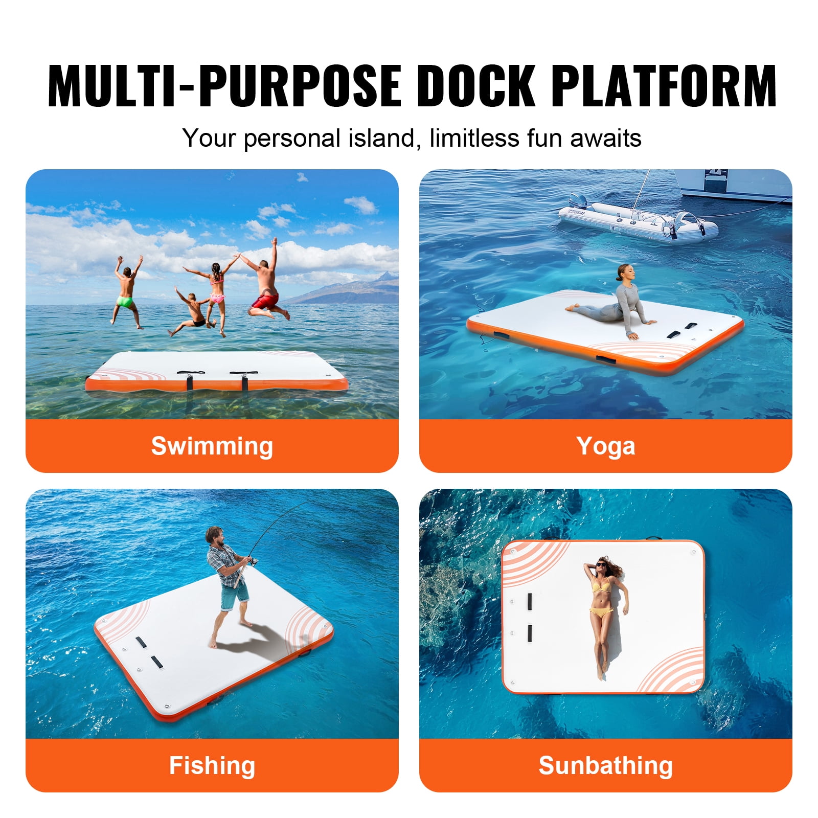 KFFKFF Air-Filled Floating Station, 8 x 6FT Buoyant Dock Pad, Anti-Slip Aqua Floating Mat with Removable Stairs & Compact Transport Sack, Drifting Isle Float for Sea Pool Shore