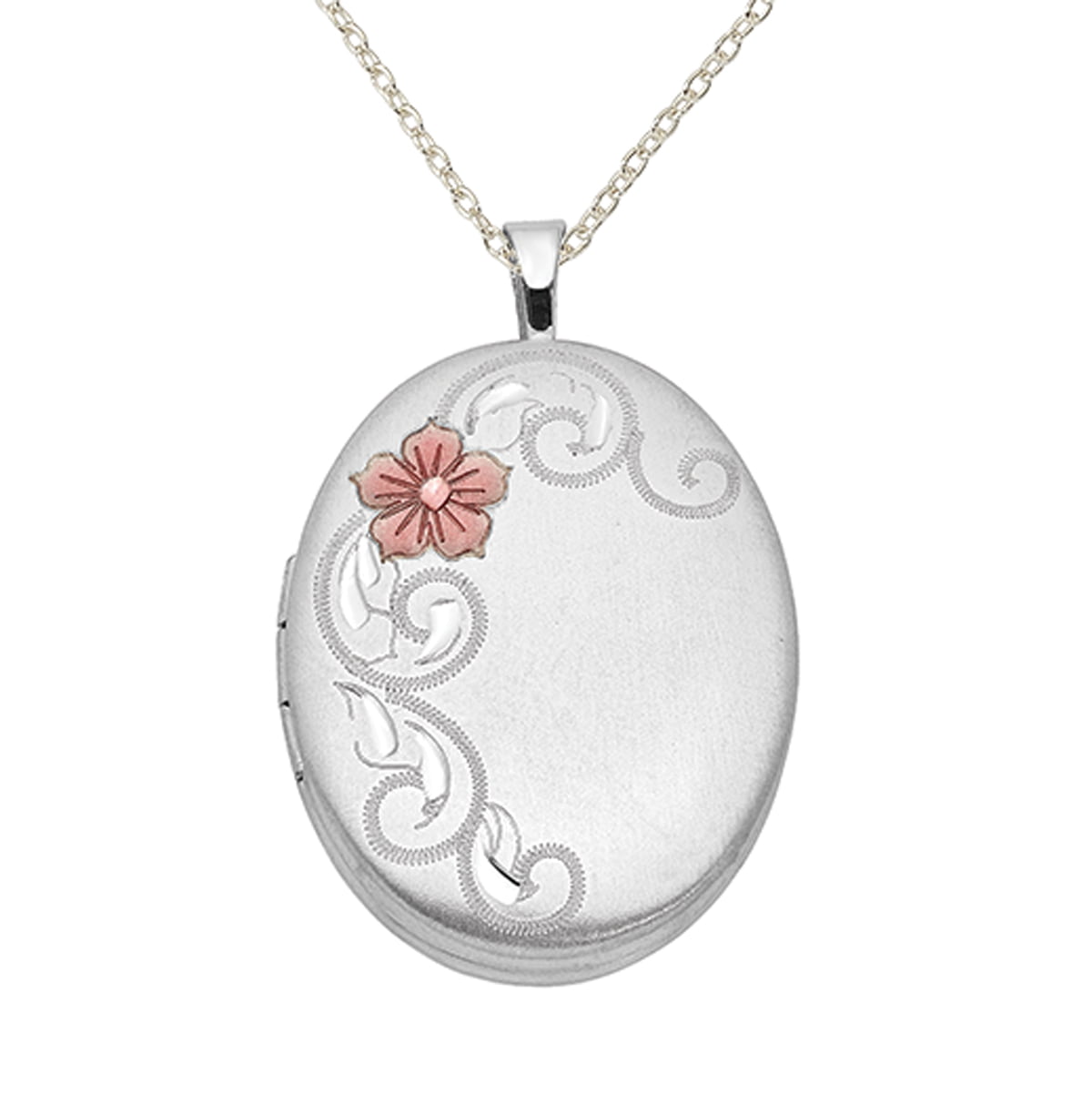 Beautiful Sterling Silver Rhodium-plated 26mm Oval with Flowers Oval Locket