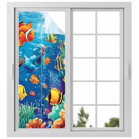 Ocean Marine Window Privacy Film Life Fish Coral Seagrass Underwater Coastal Decorative Glass Window Film UV Blocking Static Cling Non-Adhesive Sticker Covering for Home Door 23.6 x 59 inches