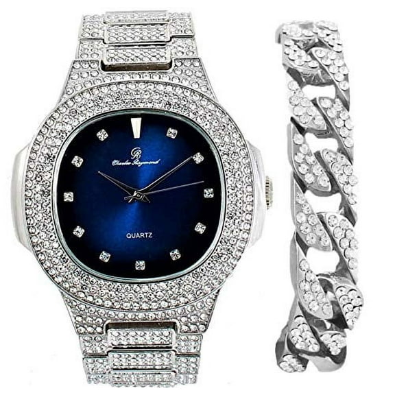 Bling-ed Out Midnight Blue Sky Oblong Metal Mens Silver Watch with Cuban Bracelet - 8475C Silver Royal Blue Dx Dial