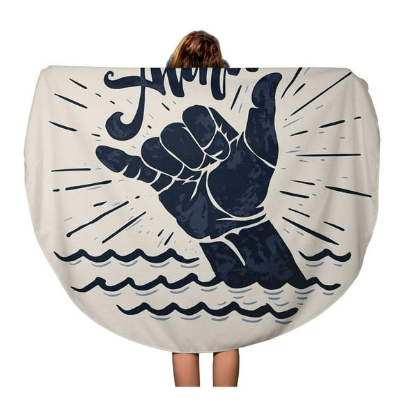 NUDECOR 60 inch Round Beach Towel Blanket Surf Aloha Lettering Surfing Shaka Hand Sign Surfer Silhouette Travel Circle Circular Towels Mat Tapestry Beach Throw
