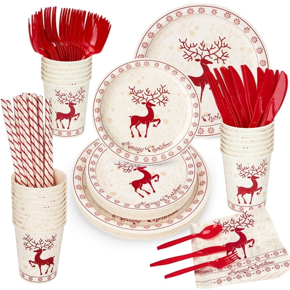 215PCS Christmas Disposable Dinnerware Set for 25 – Heavy Duty Paper Plates, Cups, Napkins, Cutlery & Straws, Reindeer Theme Holiday Party Tableware Kit, BPA-Free