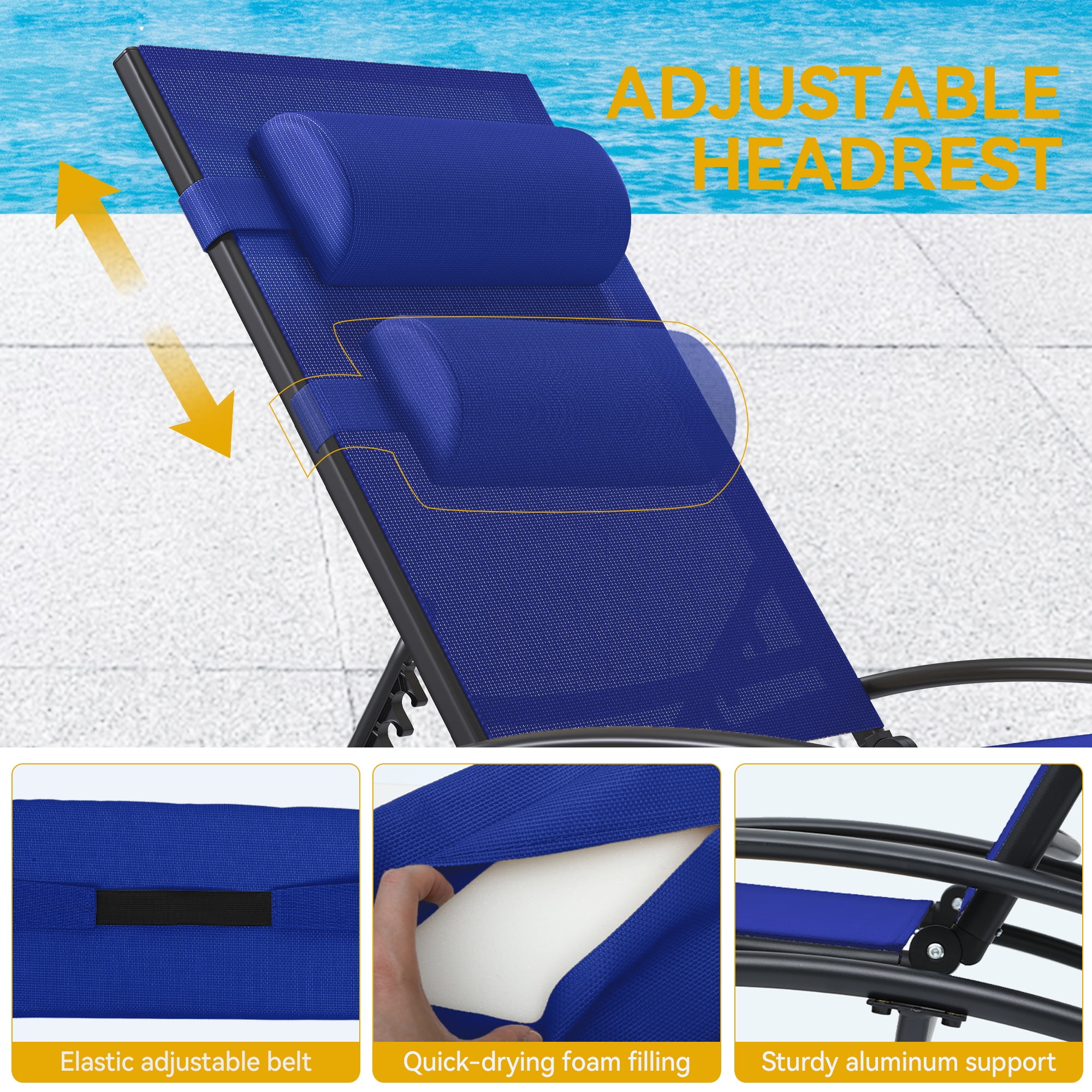 Uforic 3 Pcs Paito Outdoor Chaise Lounge Chair,Folding & Adjustable Reclining Armrest Pool Blue