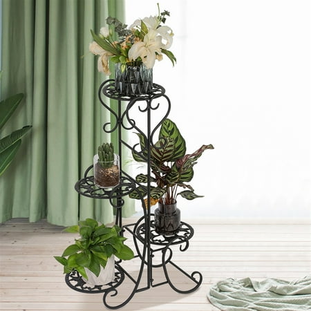 Cfowner 4 Potted Rounded Metal Plant Stand Flower Racks for Garden Balcony Corner Living Room Patio Black