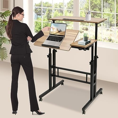 Mobile Stand Up Desk Adjustable Laptop Desk with Wheels Storage Rolling Table Cart for Standing or Sitting, for Home Office Workstation, Iron-Brown, 28.5-49.5in$$Office
