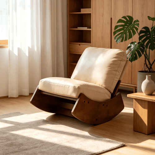 Glider Rocking Chair with Faux Leather Upholstery, Solid Wood Frame Accent Reading Chair for Nursery Living Room Bedroom, Cream