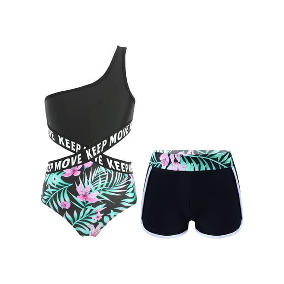 TiaoBug Kids Girls Swimwear Set Single Shoulder Criss Cross Waistline Crop Top Swimsuit with Briefs Print Shorts 3 Pcs Bathing Suit Lily 12