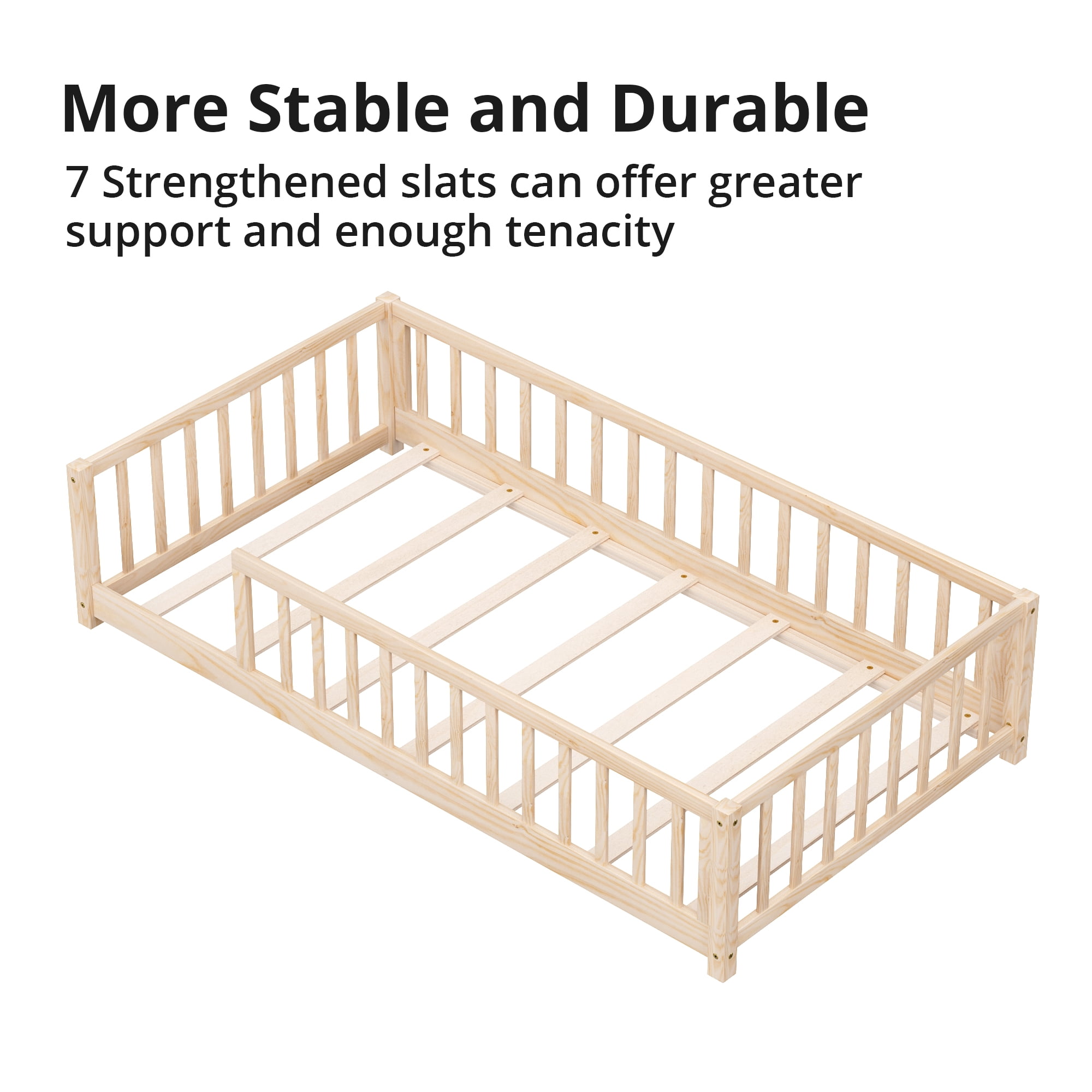 ARCTICSCORPION Montessori Kids Twin Size Modern Pinewood Floor bed with Fence, Natural