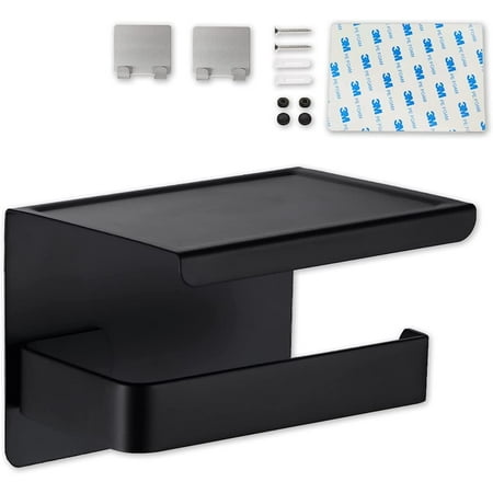 

Toilet Paper Holder with Shelf Self Adhesive No Drill Or Wall Mount with Screws for Bathroom Matte Black SUS 304 Stainless Steel