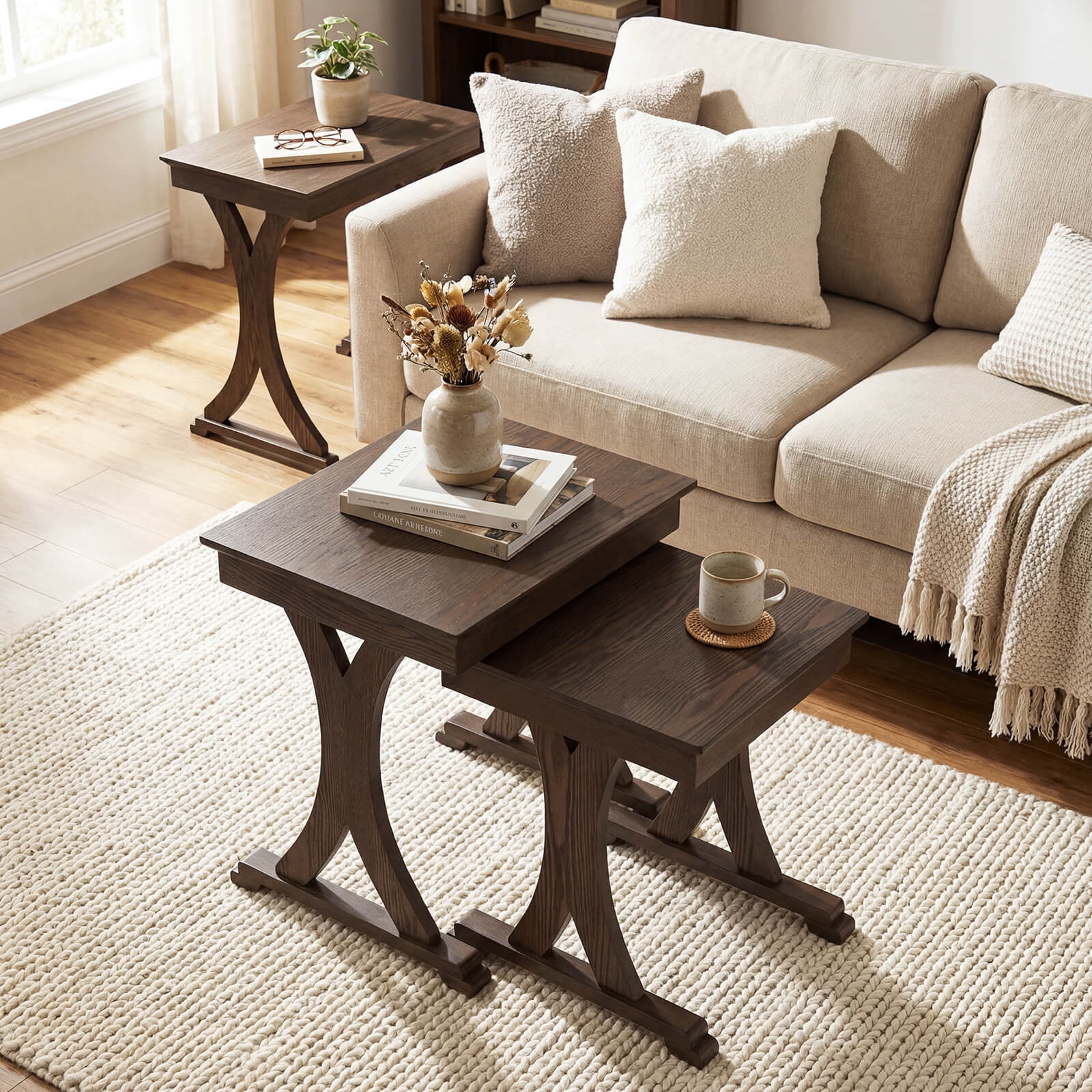 Costway 3PCS Nesting Coffee Table, Side Table with Solid Rubber Wood Legs for Living Room