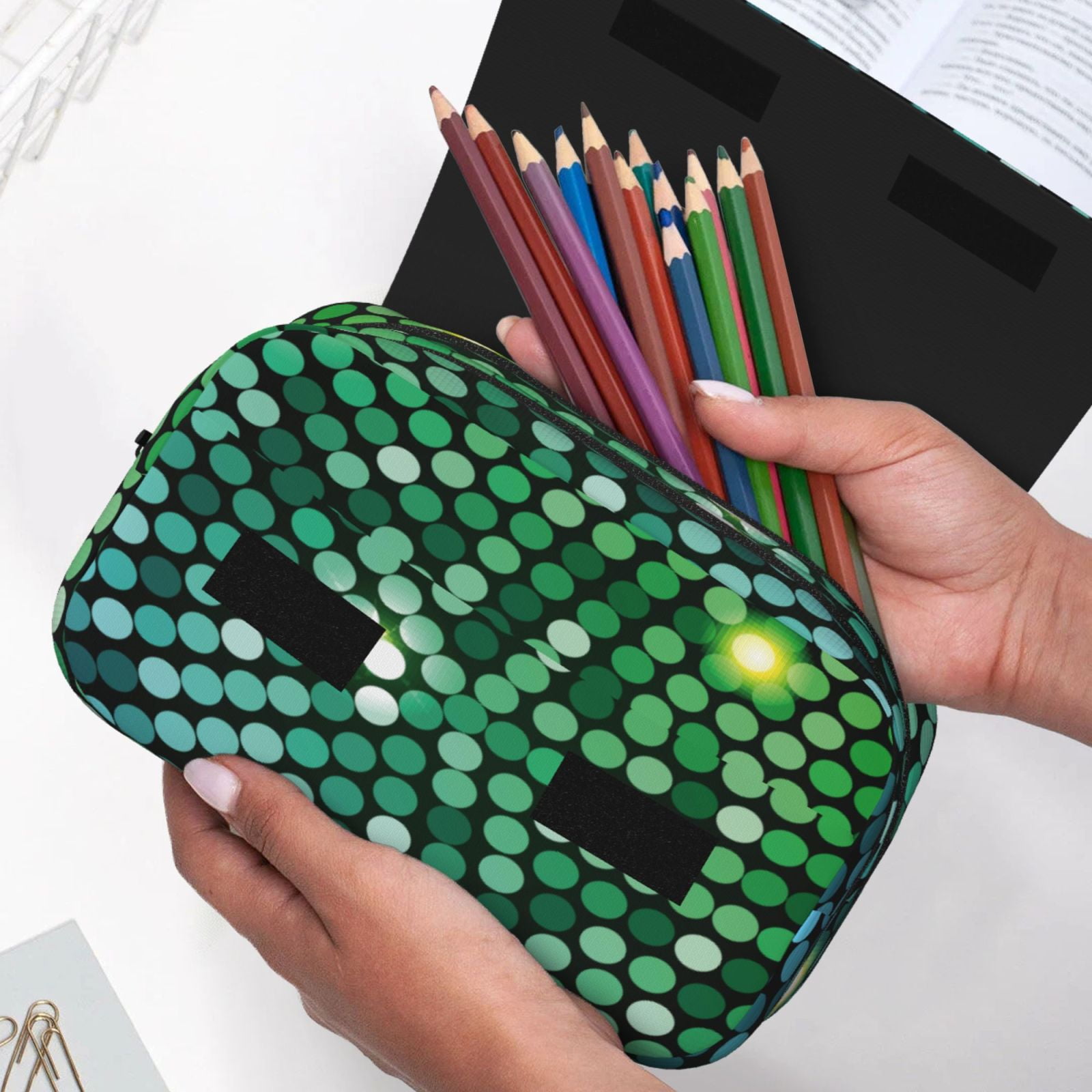 Rateoe Green Disco Lights Pattern Double Clamshell Pen Case, Storage Organizer with Two Zipper Compartments– Holds Up to 50 Pencils & Pens