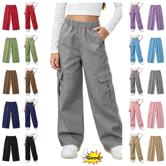 Mitankcoo Girls Cargo Pants Elastic Waist Wide Leg Multi Pockets Loose Casual Trousers for Kids School Daily 5-15Y