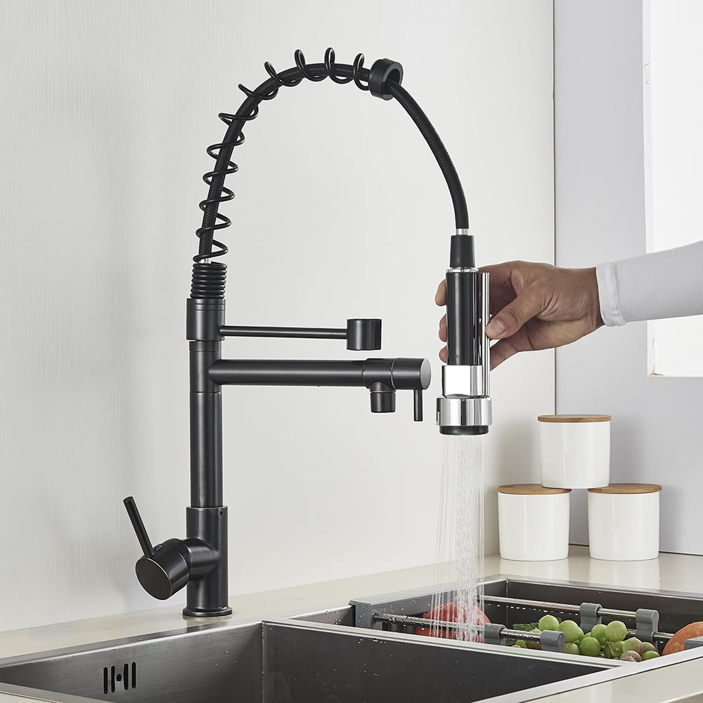 Blackend Spring Kitchen Sink Faucet Pull Down Sprayer Dual Spout Mixer Tap