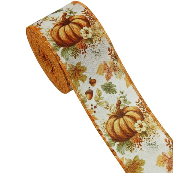 15 Foot Fall Thanksgiving Pumpkin Ribbon Yellow, 2.5 Inch Wired Edge Polyester for Bows Wrapping Crafts