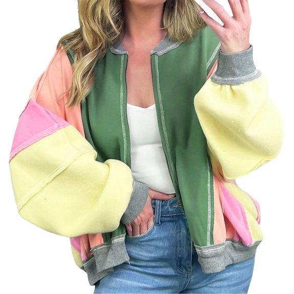 Jane Wardrobe Color Block Y2K Bomber Jacket for Women, Oversized Zip Up, Retro Casual Fashion Outerwear, 1 Piece, S-XXL, Plus Size Friendly
