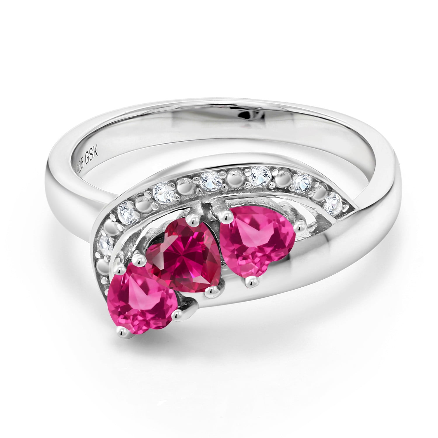 Gem Stone King 1.36 Cttw Red Created Ruby Pink Created Sapphire and White Created Sapphire Engagement Ring for Women | 925 Sterling Silver | Heart 4MM | Available in Size 5, 6, 7, 8, 9 | Size 7