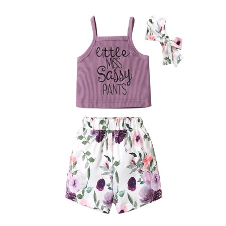 

Calsunbaby Summer Little Girls Set Sweet Style Letter Pattern Sleeveless Suspender Top Floral Print Shorts Bow Headdress Toddlers Casual Clothes