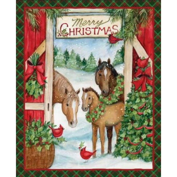 36" X 44" Panel Three Horses Barn Merry Christmas Winter Holiday Cotton Fabric Panel (77507-D650715)