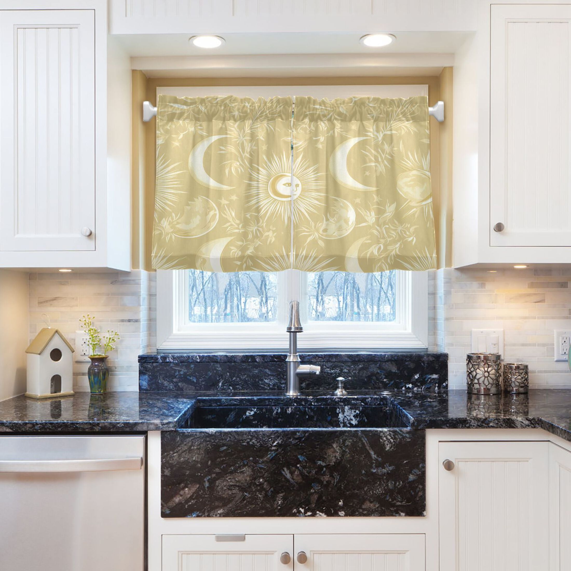 Facial Sun Moon Pattern 27"x36" Linen Look Cafe Curtain Set with Privacy and UV Protection