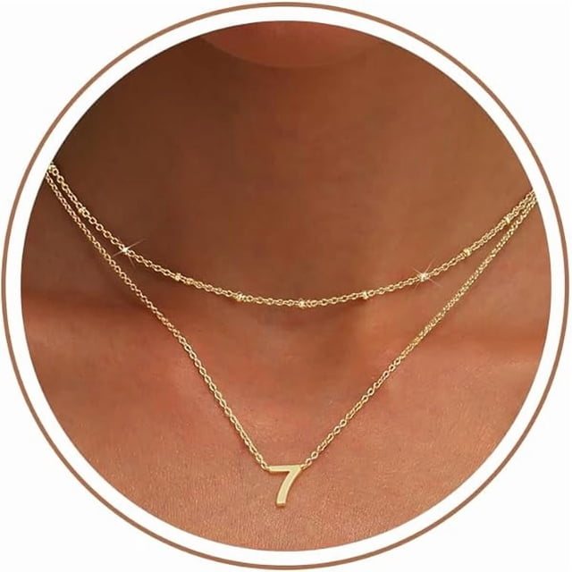 Chenchen Number Necklace for Women, 14K Gold Plated Layered Chain Number Pendant Jewelry Gifts for Sister Mom Girlfriend Daughter