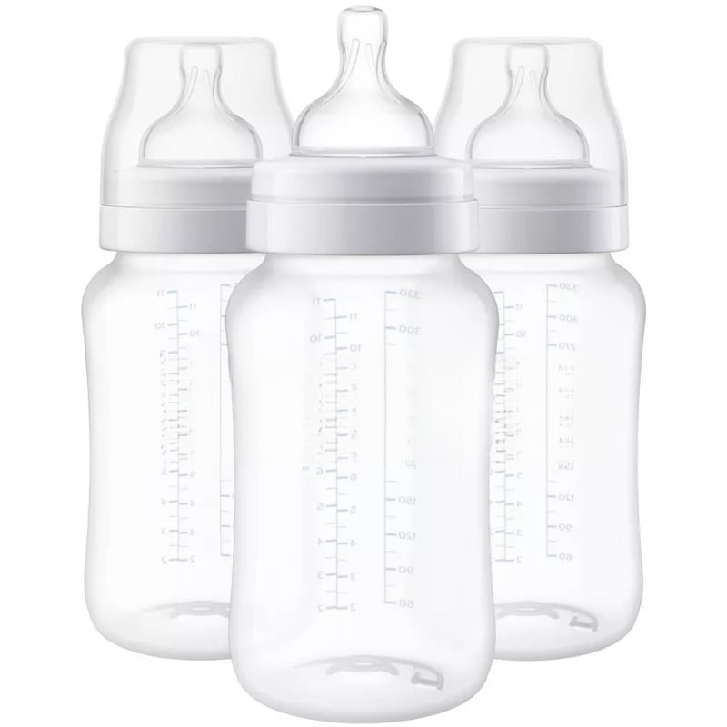 Anti-Colic Baby Bottles, 11 fl oz 3-Pack, BPA-Free, Fast Flow Silicone Nipple, Breast Pump Compatible Infant Feeding Bottles, Baby Feeding Bottles, Silicone Nipple Bottles