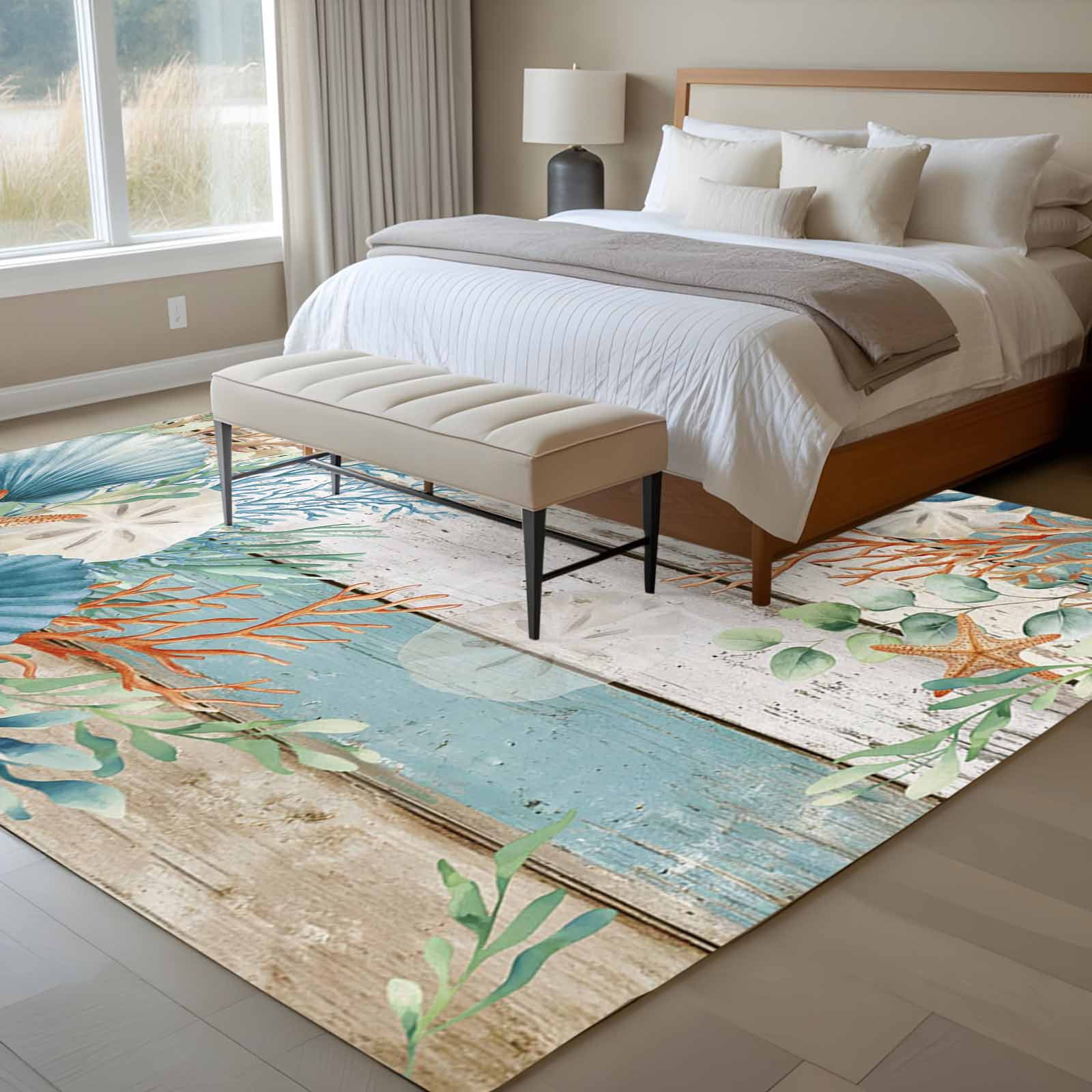Large Area Rugs for Living Room Bedroom, Teal Brown Beach Coastal 8'x10' Rug Carpet Runner Indoor Outdoor, Summer Nautical Coral Shell Botanical Vintage Non Slip Floor Mats Rug for Kitchen, Patio