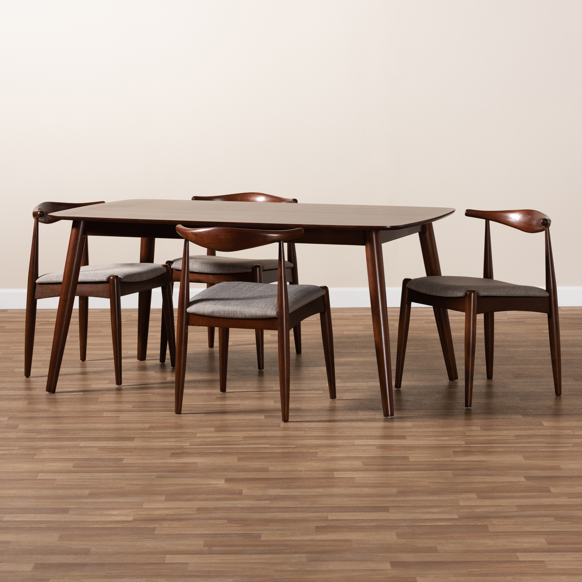 Baxton Studio Amato MidCentury Modern Light Gray Fabric Upholstered Walnut Finished Wood 5Piece Dining Set