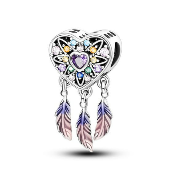 KUNSIR Feather Heart Dreamcatcher Charm S925 Silver Women Bracelet Charm Dangle Pendant
