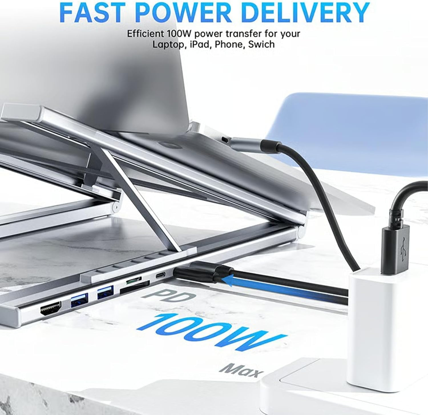 8-in-1 USB-C Laptop Stand with Docking Station,Portable Aluminum Laptop Stand for Desk with 4K HDMI,USB 3.0,USB-C Ports,SD Card Slot,Adjustable Height