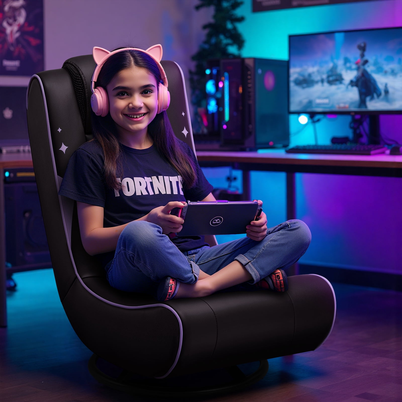 GTPLAYER Swivel Floor Gaming Chairs with Foldable Backrest for Teens,, Purple