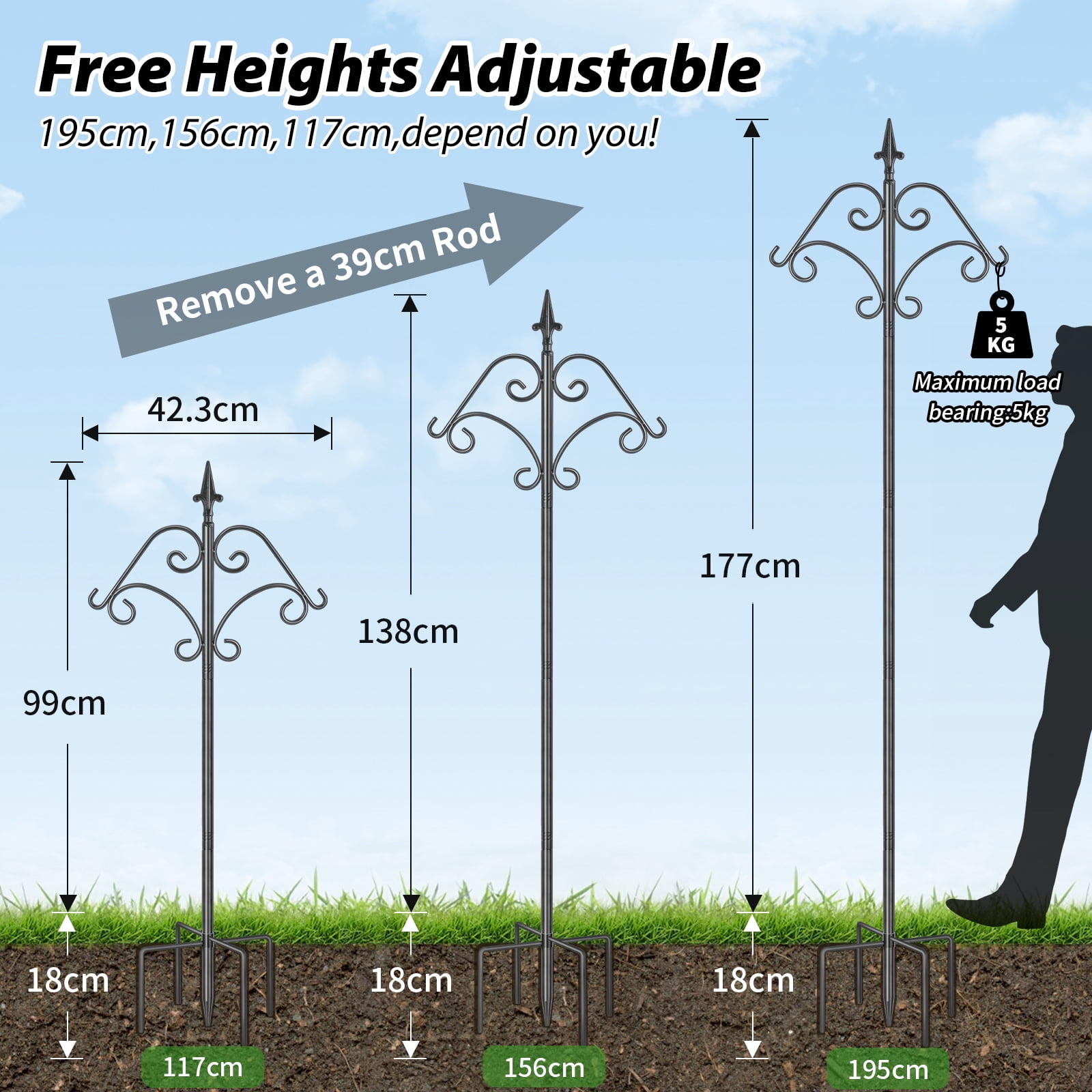 KOLAKO Bird Feeding Station,195cm Tall Bird Feeder Pole Stand, Heavy Duty Garden Shepherds Hook Black, 76 inch