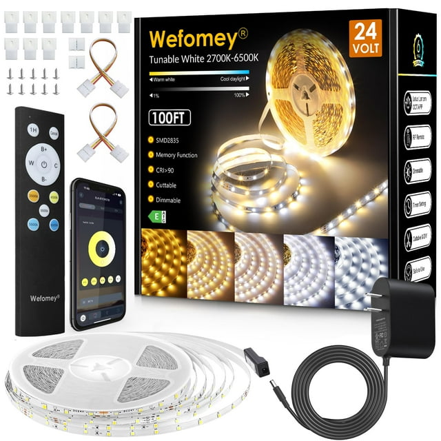 Tira de luces LED Wefomey de 100 pies, regulables, 2700 K-6500 K con control remoto