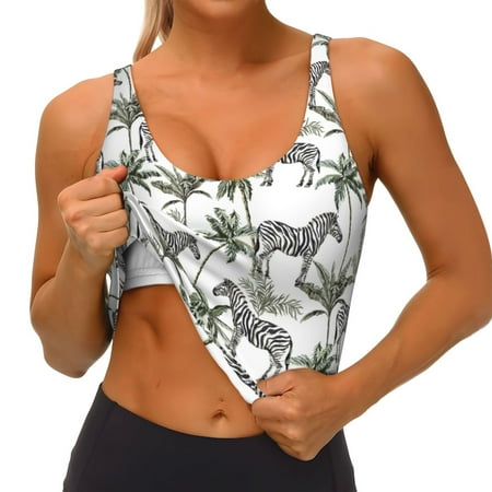 Qokaie Palm Trees Zebra Pattern Womens Scoop Neck Sports Bra Breathable Workout Vest Padded U Back Medium Impact Fitness Gym Yoga Bra Workout Crop Top