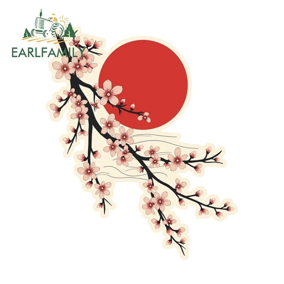 EARLFAMILY 5.1" Cherry Blossom with Red Sun Car Stickers Japanese Creative Bumper Surfboard Motorcycle Helmet Vinyl Decals Fashion Scratch-Proof Car Goods