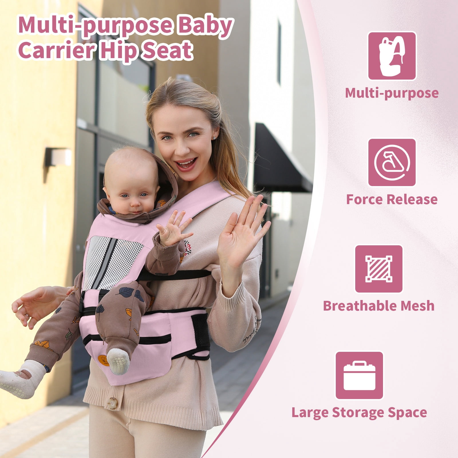 Lvelia Baby Carrier, 6-in-1 Ergonomic Baby Carrier Newborn to Toddler with Hip Seat,Front & Back Baby Holder Carrier,Perfect for Shopping Travelling,up to 44lbs,Pink