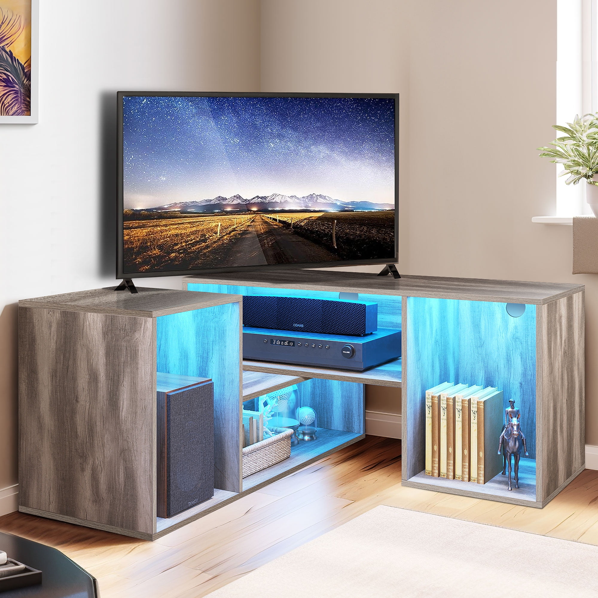 Uforic Oak TV Cabinet, 141×40×48cm, 110V US Plug, 16 Modes, Remote & Bluetooth Control, 15mm Particleboard