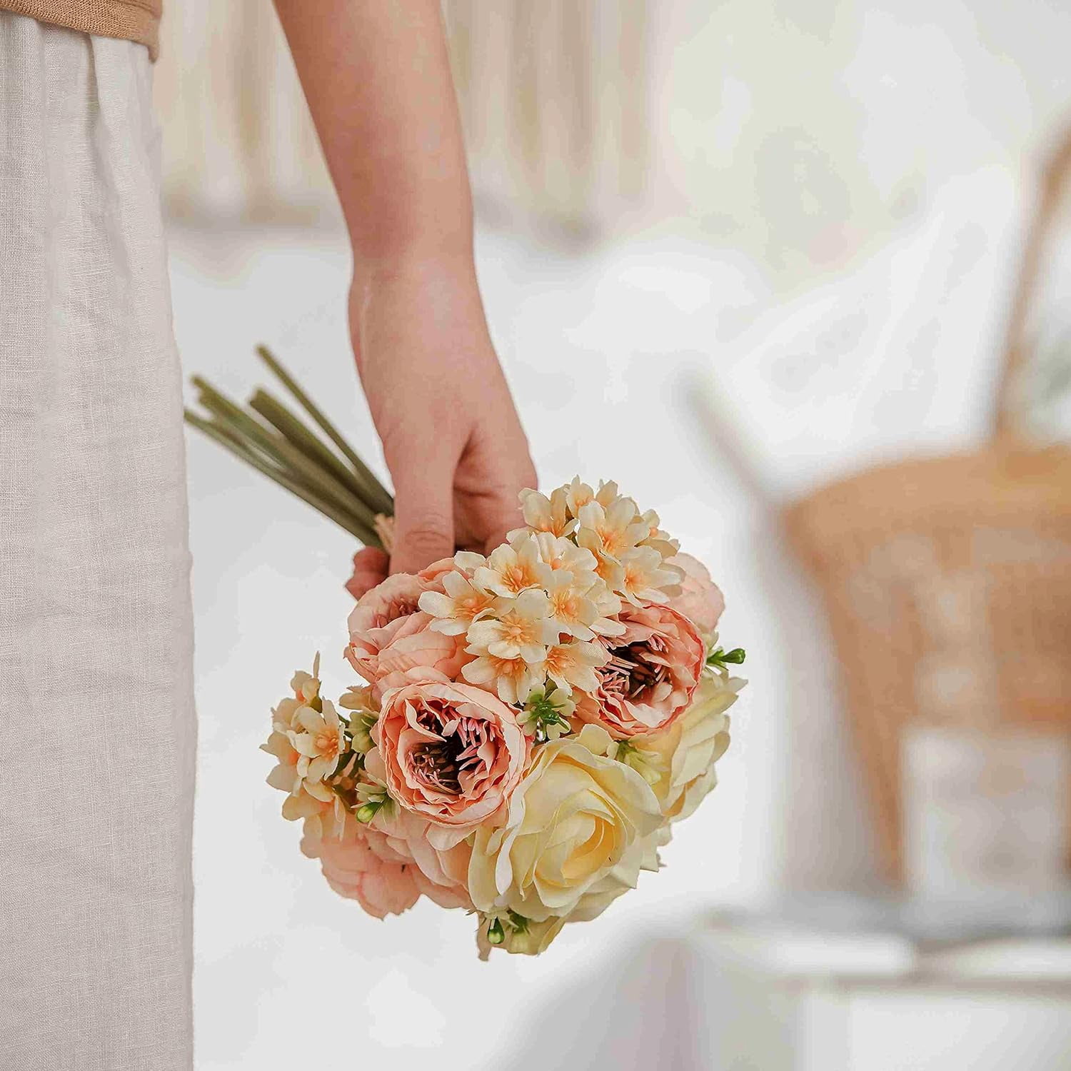 2pcs Artificial Flower Bouquets,12 Inch Wedding Bouquet for Bridesmaid, Tossing Bouquet for Bridal Shower Wedding Ceremony,White and Green