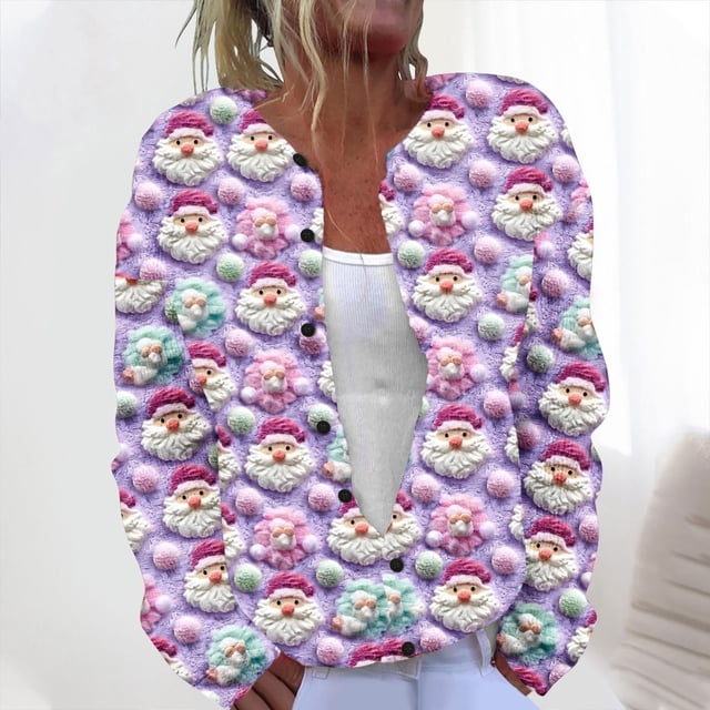 LOVZFMLL Cardigan pour Femmes Décontracté Imprimé de Noël Cardigan Tricoté Veste à Boutons