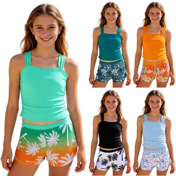Pandaie Teen Girls Tankini Swimsuit Floral Print 2 Piece Bathing Suit Boyshort Drawstring Padded Summer Beach Swimwear 9-10 Years Black