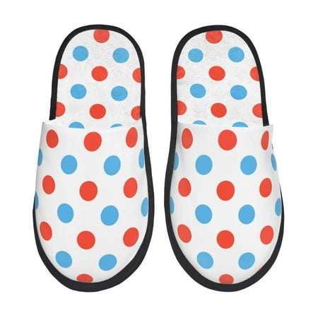 Balery Red Blue Polka Dots Slient Indoor Furry Fleece Comfort House Shoes Soft Non-Slip Home Shoes Cotton slippers House Slippers-- Medium