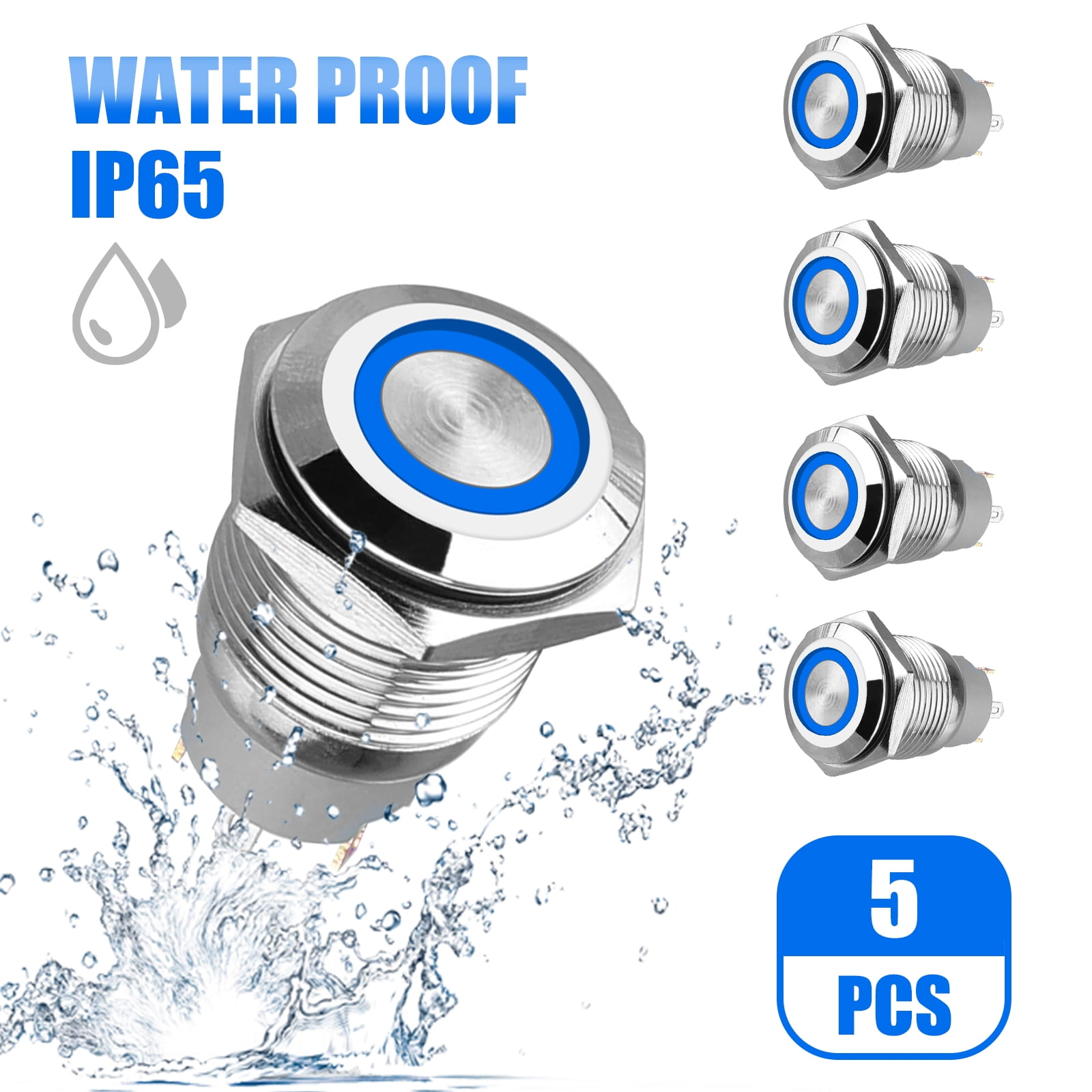 TSV 5pcs 12V LED Metal Push Button Switch for Marine, Boat, Automotive