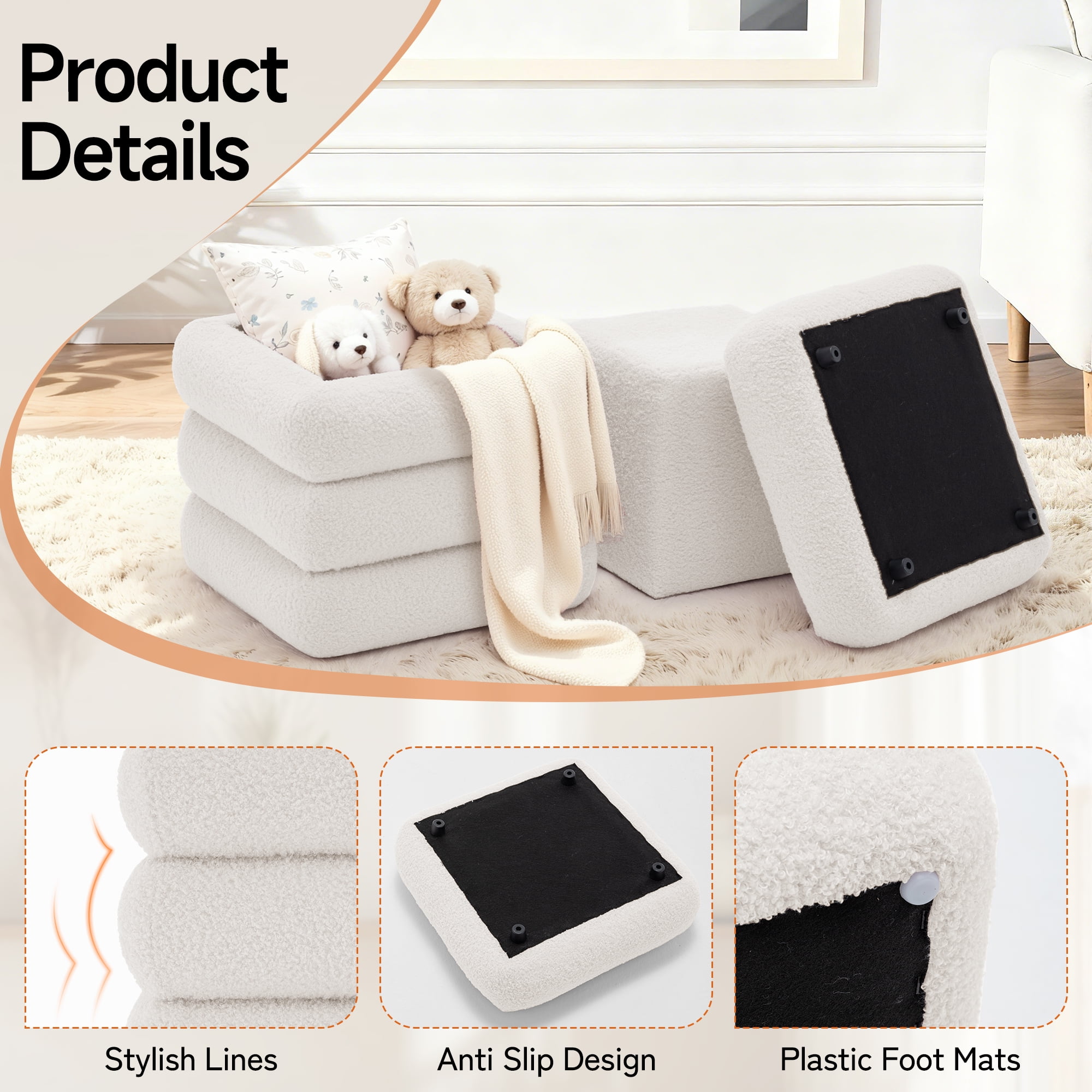 Korser Square Ottoman with Storage Set of 2,Upholstered Teddy Vanity Stool for Living Room,Bedroom,Beige
