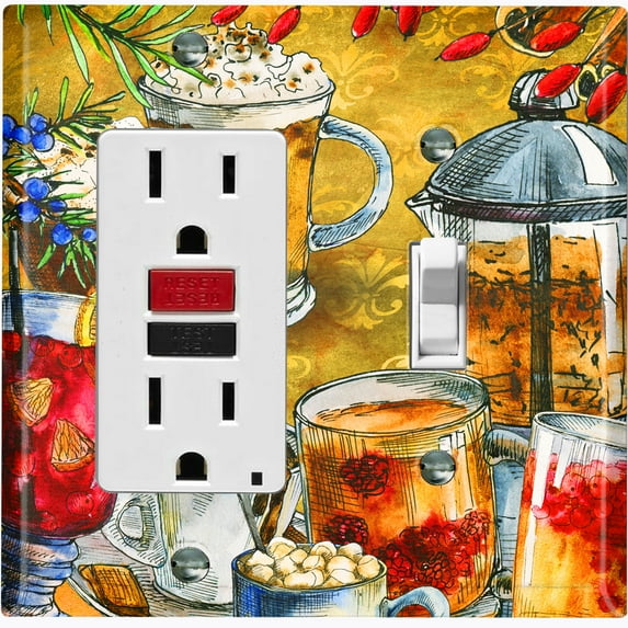 Metal Light Switch Wall Plate Outlet Cover (Coffee Tea Party Kettle Mocha Espresso Drinks - Single Rocker Single Toggle)